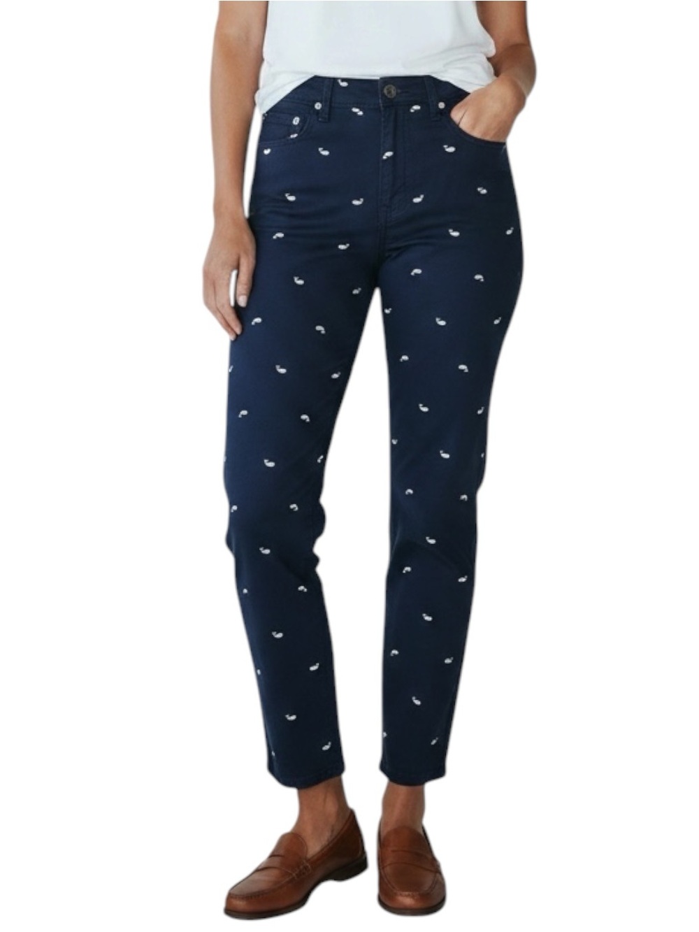 TALBOTS PETITE Embroidered Whale Patterned Chino Pants in Navy/White Size 12P